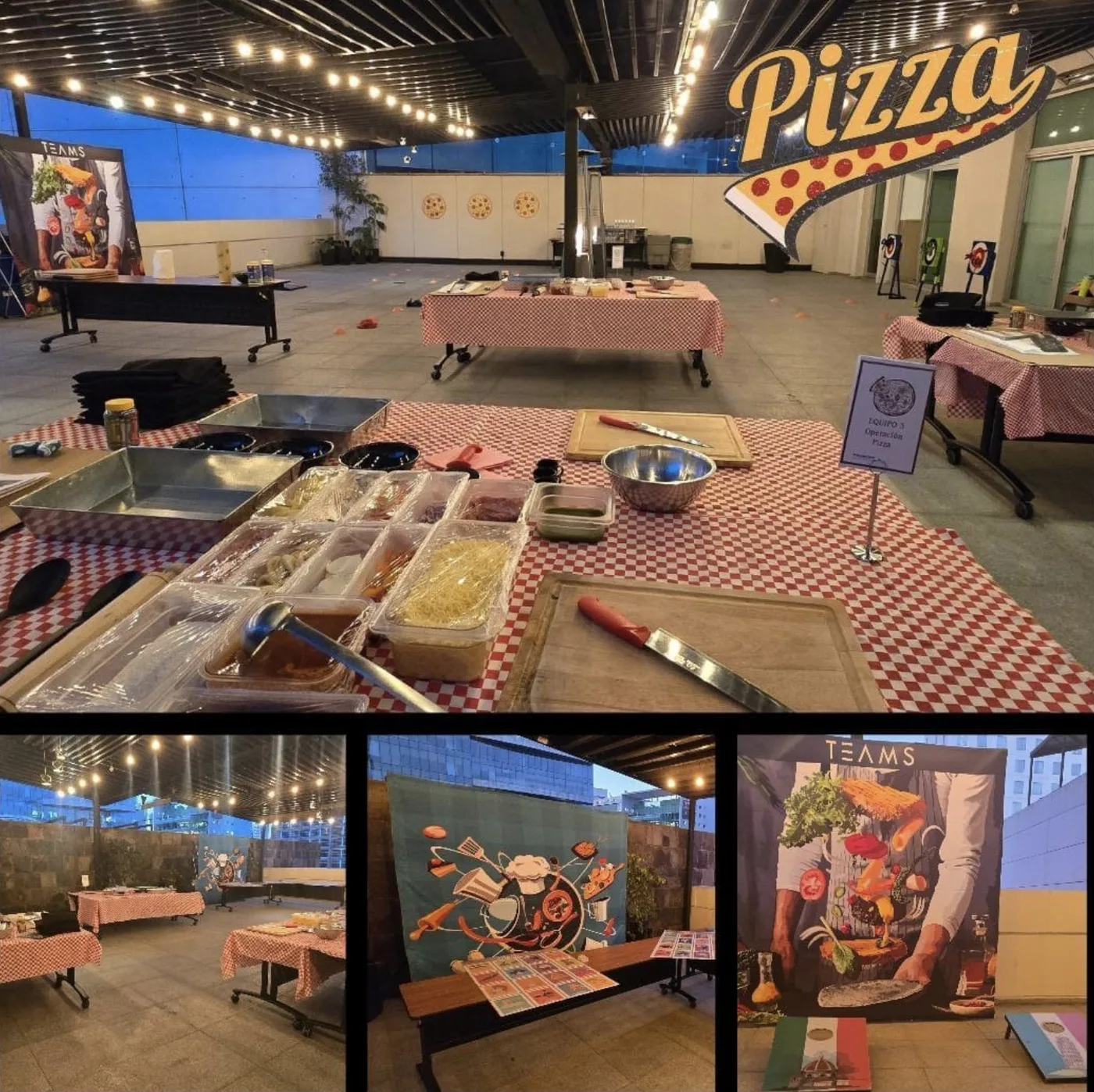 Montaje de la experiencia Iron Chef Pizza de TEAMS en una terraza corporativa de Monterrey con estaciones de cocina por equipos